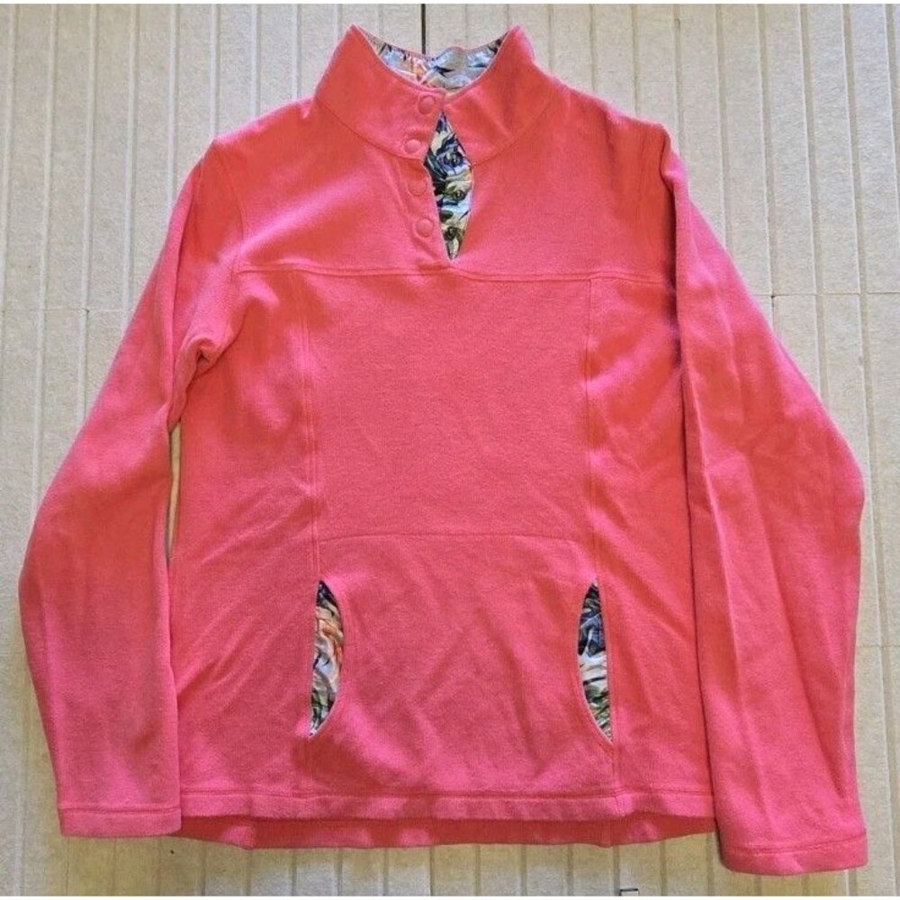 Tommy Bahama Women's Pink Pullover Collared Sweatshirt Pockets Button M